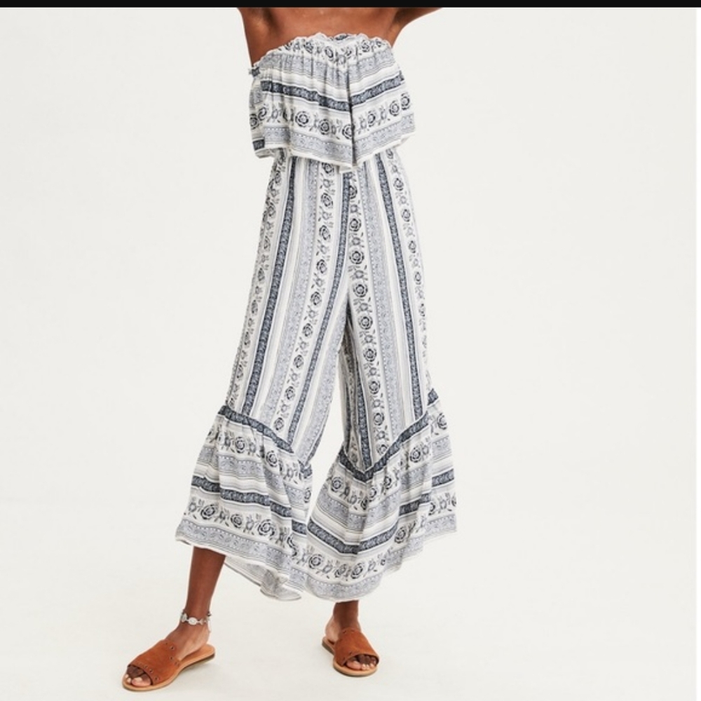 Striped Blue & White Wide-Leg Strapless Jumpsuit